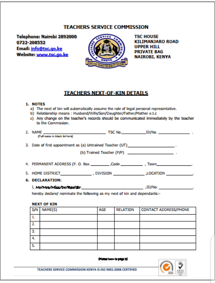 TSC New Nextofkin benefits